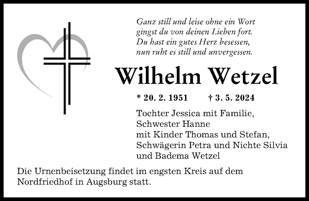 Traueranzeige von Wilhelm Wetzel von Augsburger Allgemeine