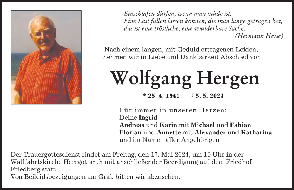 Traueranzeige von Wolfgang Hergen von Friedberger Allgemeine, Augsburger Allgemeine