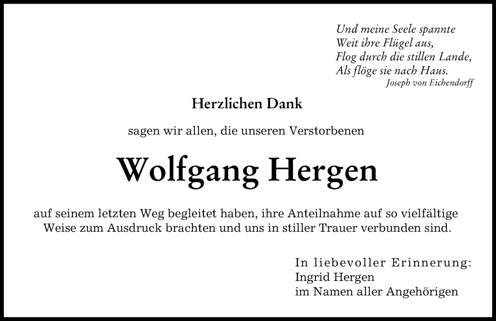 Traueranzeige von Wolfgang Hergen von Friedberger Allgemeine, Augsburger Allgemeine