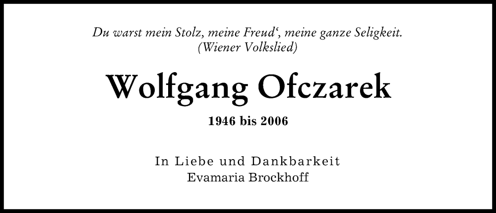 Traueranzeige von Wolfgang Ofczarek von Augsburger Allgemeine