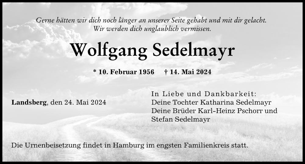  Traueranzeige für Wolfgang Sedelmayr vom 24.05.2024 aus Landsberger Tagblatt