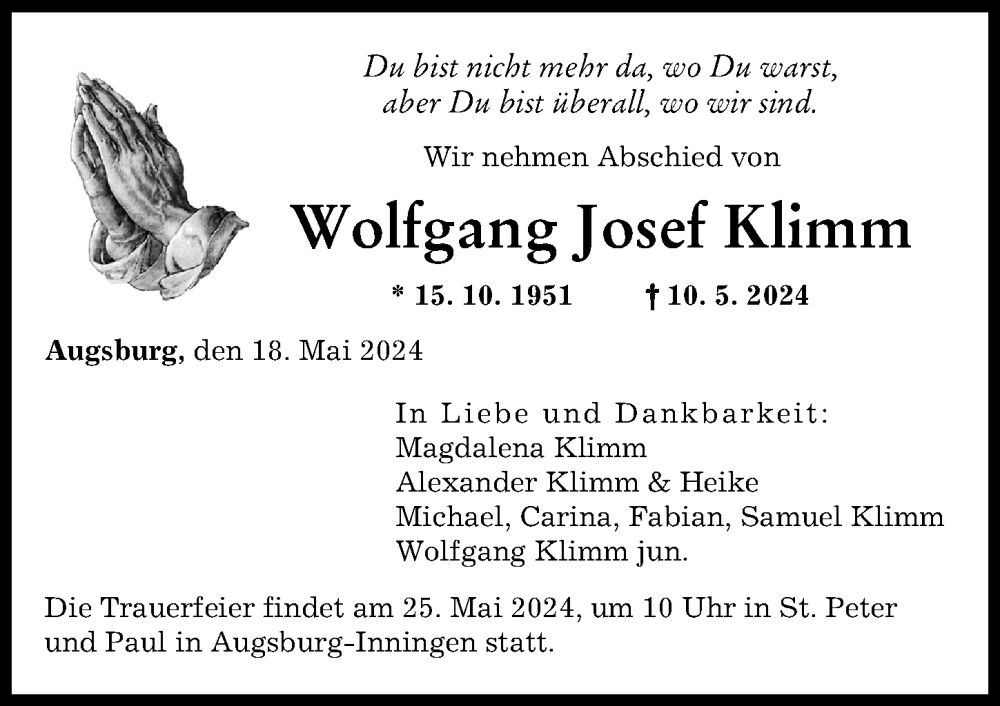 Traueranzeige von Wolfgang Josef Klimm von Augsburger Allgemeine