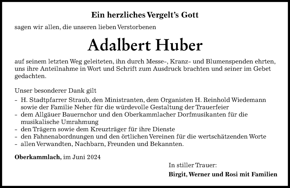 Traueranzeige von Adalbert Huber von Mindelheimer Zeitung