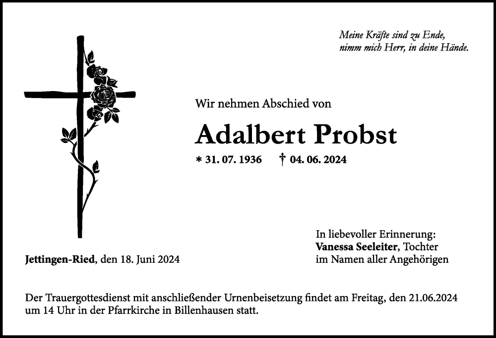 Traueranzeige von Adalbert Probst von Mittelschwäbische Nachrichten, Günzburger Zeitung