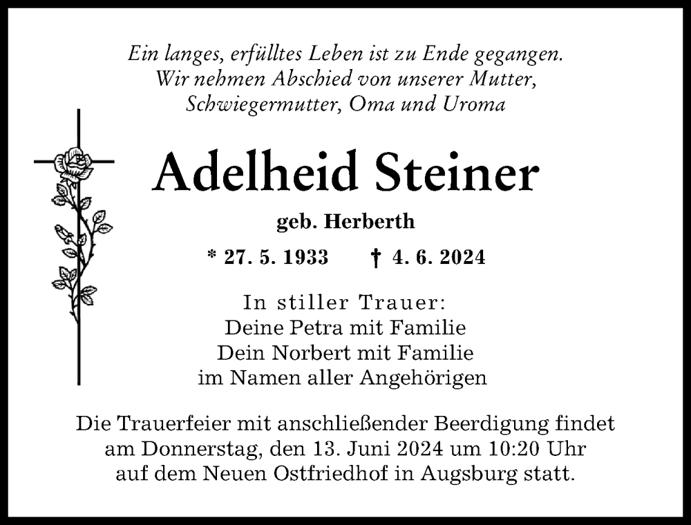 Traueranzeige von Adelheid Steiner von Augsburger Allgemeine