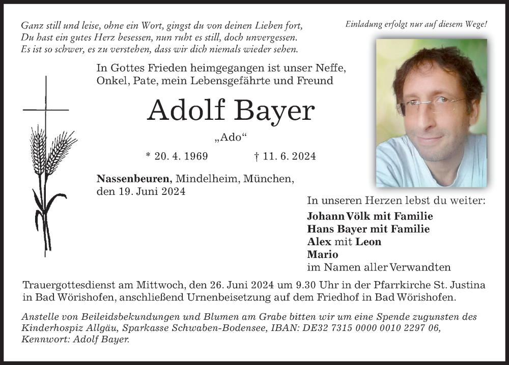 Traueranzeige von Adolf Bayer von Mindelheimer Zeitung