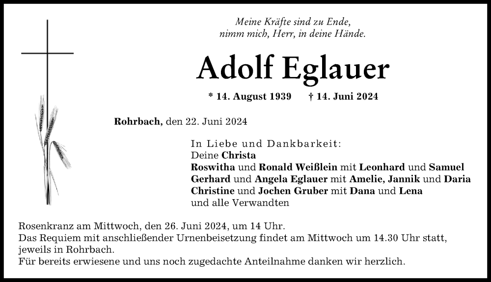 Traueranzeige von Adolf Eglauer von Neuburger Rundschau