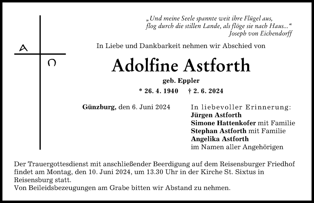 Traueranzeige von Adolfine Astforth von Günzburger Zeitung