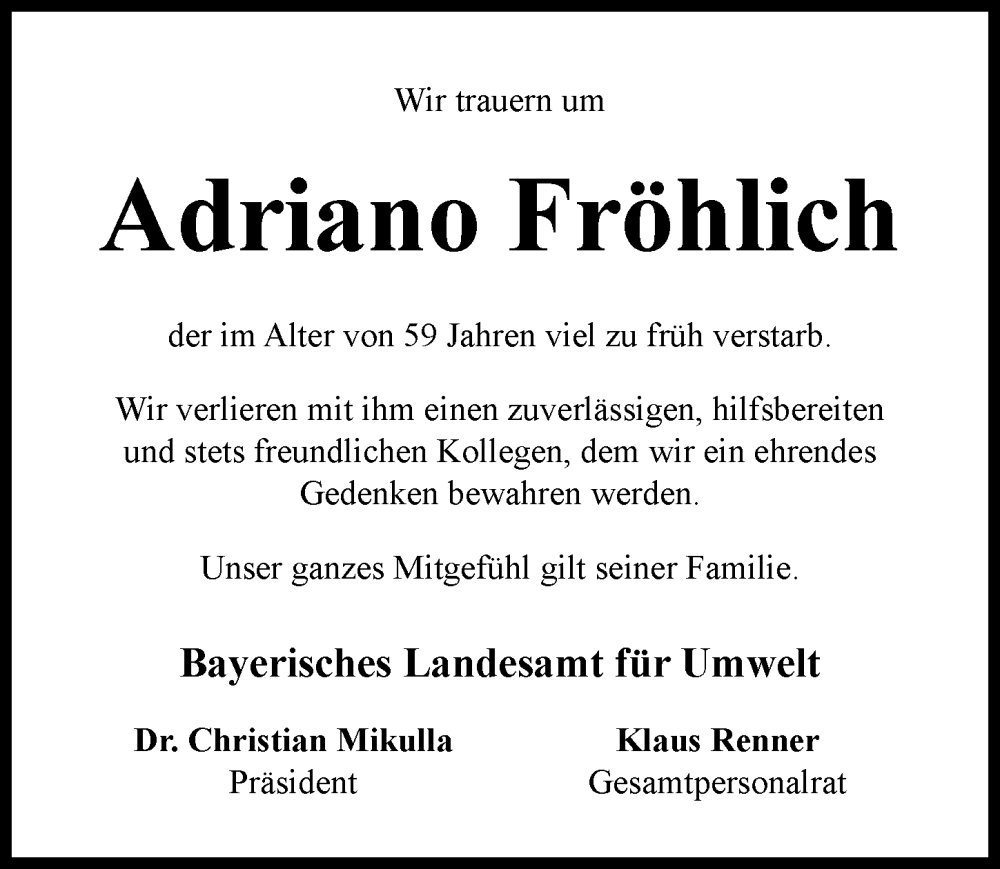 Traueranzeige von Adriano Fröhlich von Augsburger Allgemeine