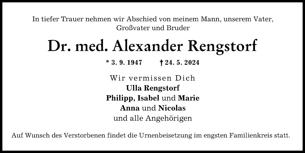 Traueranzeige von Alexander Rengstorf von Neu-Ulmer Zeitung