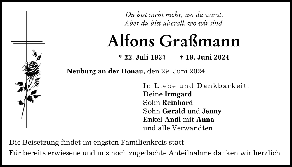 Traueranzeige von Alfons Graßmann von Neuburger Rundschau