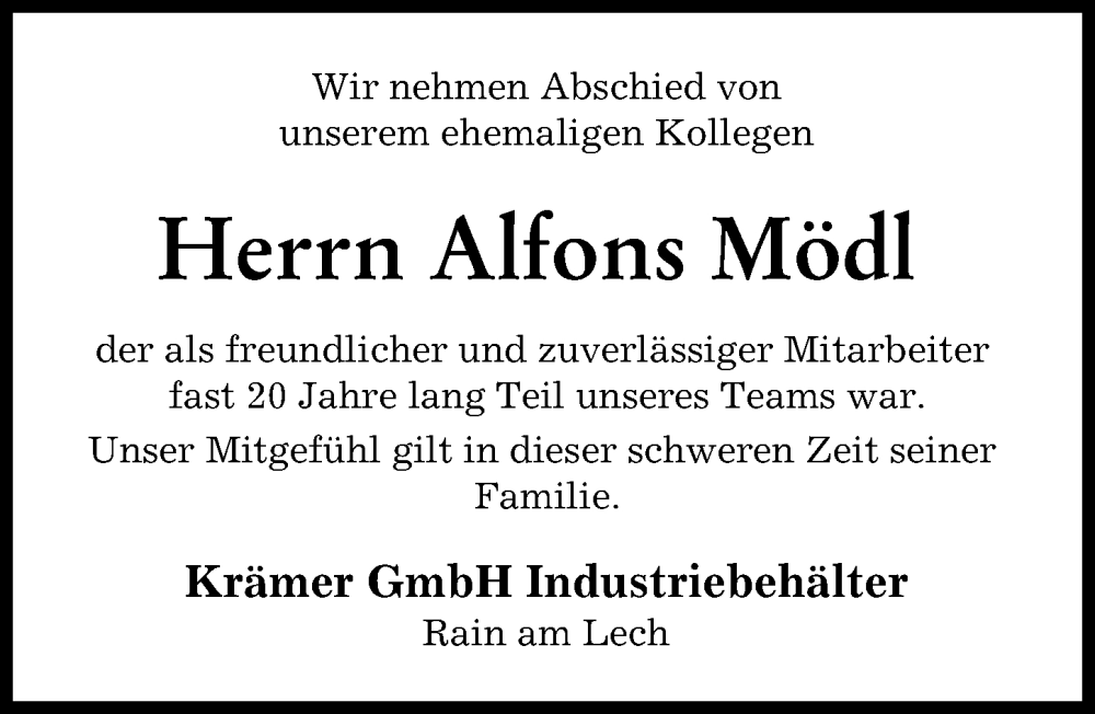 Traueranzeige von Alfons Mödl von Donauwörther Zeitung