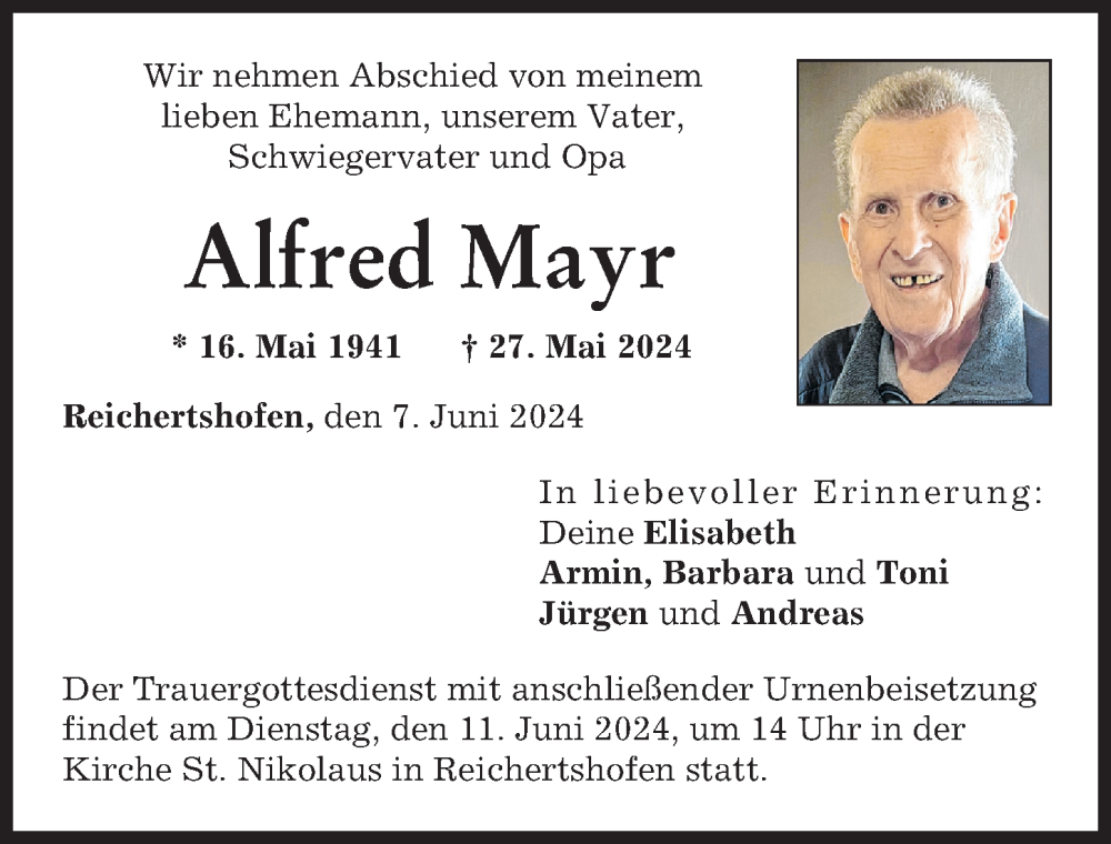 Traueranzeige von Alfred Mayr von Schwabmünchner Allgemeine