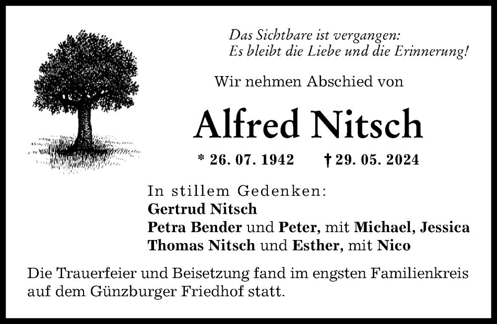 Traueranzeige von Alfred Nitsch von Günzburger Zeitung