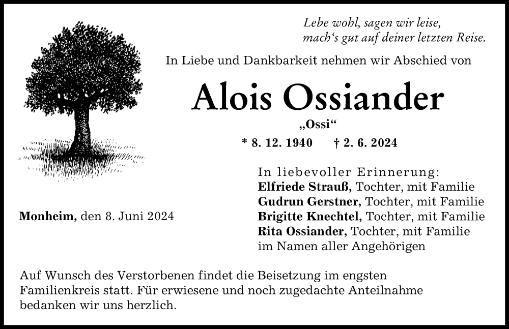 Traueranzeige von Alois Ossiander von Donauwörther Zeitung