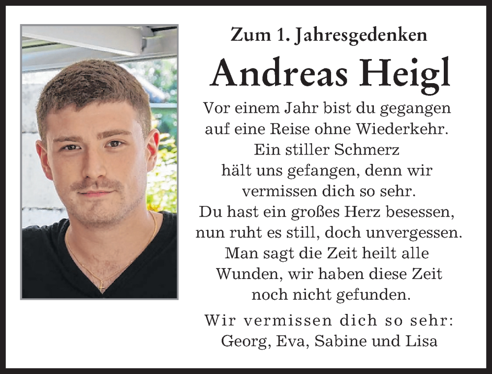 Traueranzeige von Andreas Heigl von Donau Zeitung, Augsburger Allgemeine