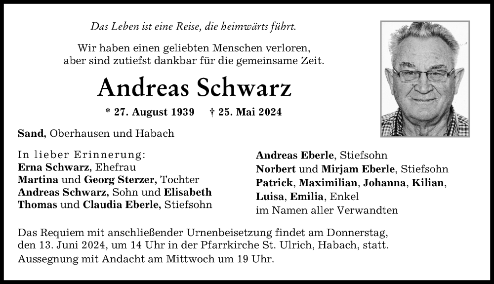 Traueranzeige von Andreas Schwarz von Aichacher Nachrichten