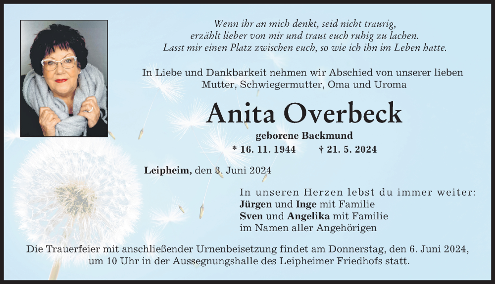 Traueranzeige von Anita Overbeck von Günzburger Zeitung
