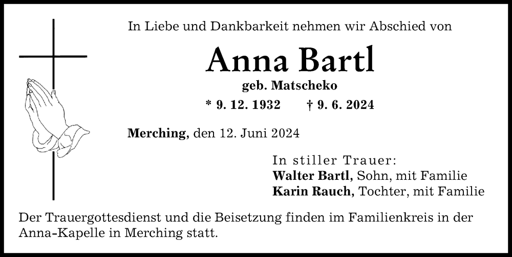 Traueranzeige von Anna Bart von Friedberger Allgemeine