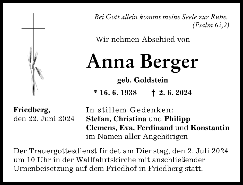 Traueranzeige von Anna Berger von Friedberger Allgemeine