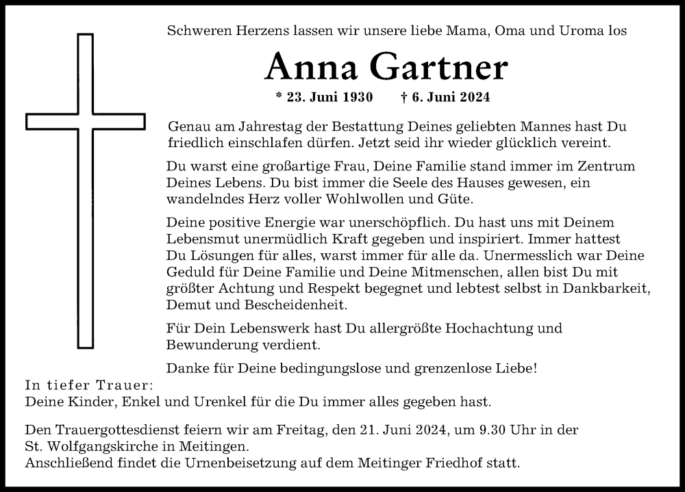 Traueranzeige von Anna Gartner von Wertinger Zeitung, Augsburg-Land