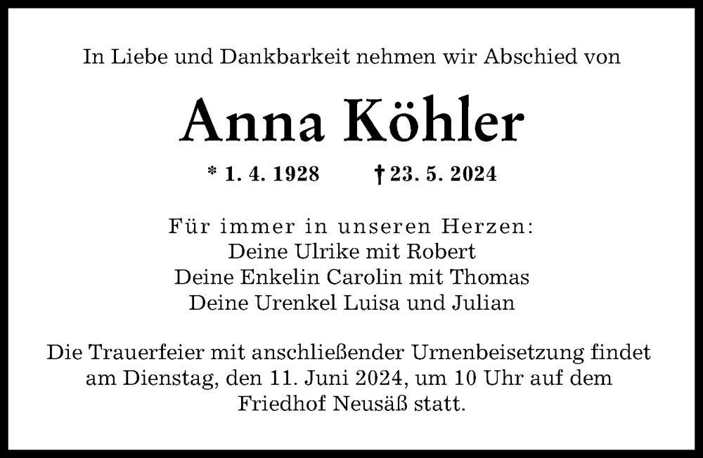 Traueranzeige von Anna Köhler von Augsburger Allgemeine