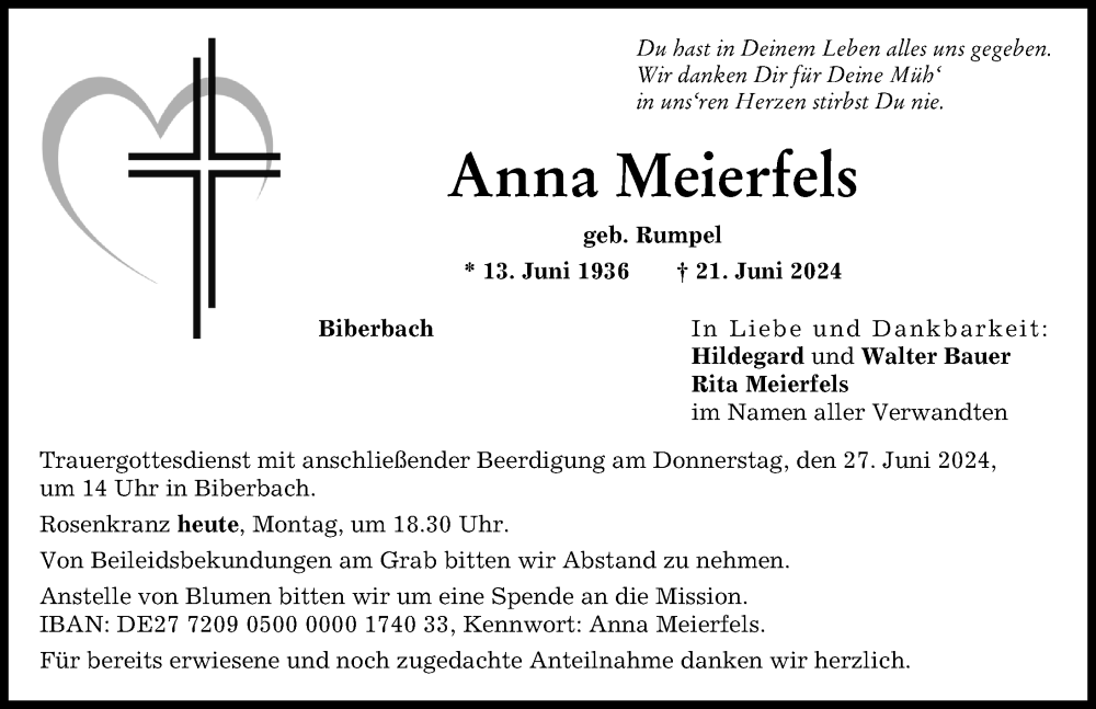 Traueranzeige von Anna Meierfels von Augsburg-Land