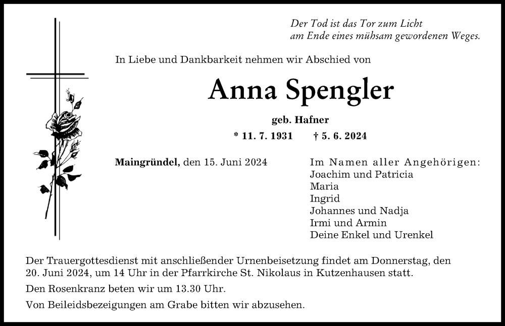 Traueranzeige von Anna Spengler von Augsburger Allgemeine