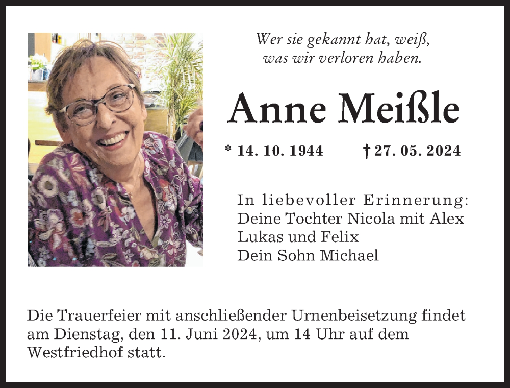 Traueranzeige von Anne Meißle von Augsburger Allgemeine