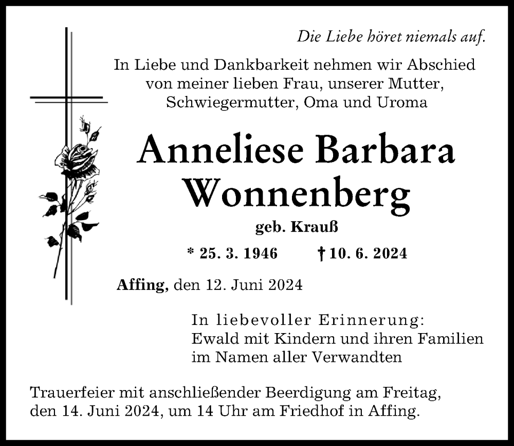 Traueranzeige von Anneliese Barbara Wonnenberg von Augsburger Allgemeine