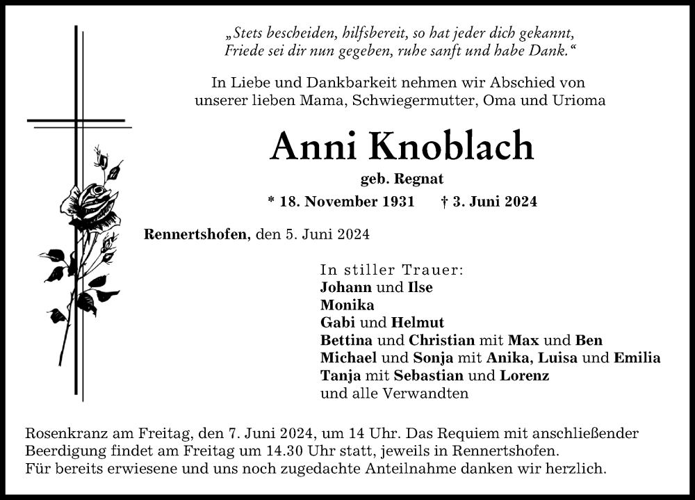 Traueranzeige von Anni Knoblach von Neuburger Rundschau