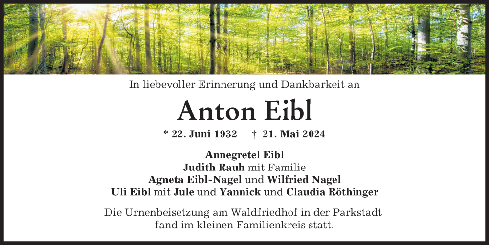 Traueranzeige von Anton Eibl von Donauwörther Zeitung