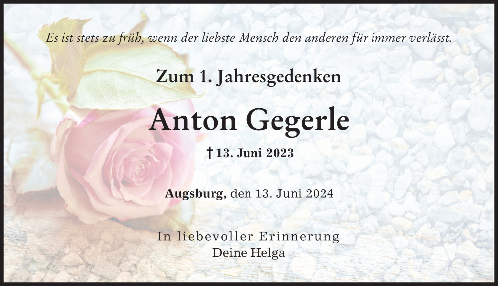 Traueranzeige von Anton Gegerle von Augsburger Allgemeine