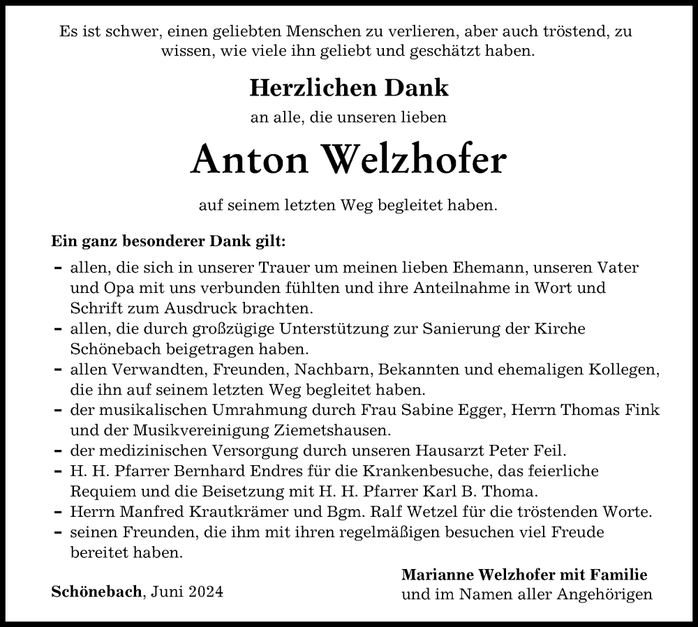 Traueranzeige von Anton Welzhofer von Augsburg-Land, Mittelschwäbische Nachrichten