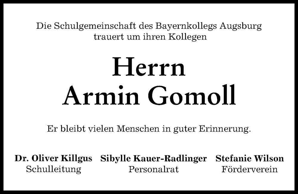 Traueranzeige von Armin Gomoll von Augsburger Allgemeine