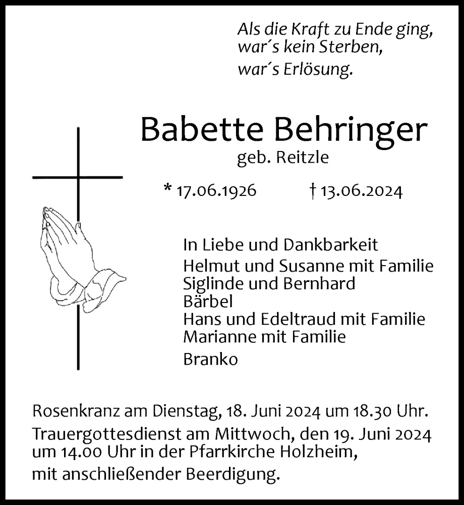 Traueranzeige von Babette Behringer von Neu-Ulmer Zeitung