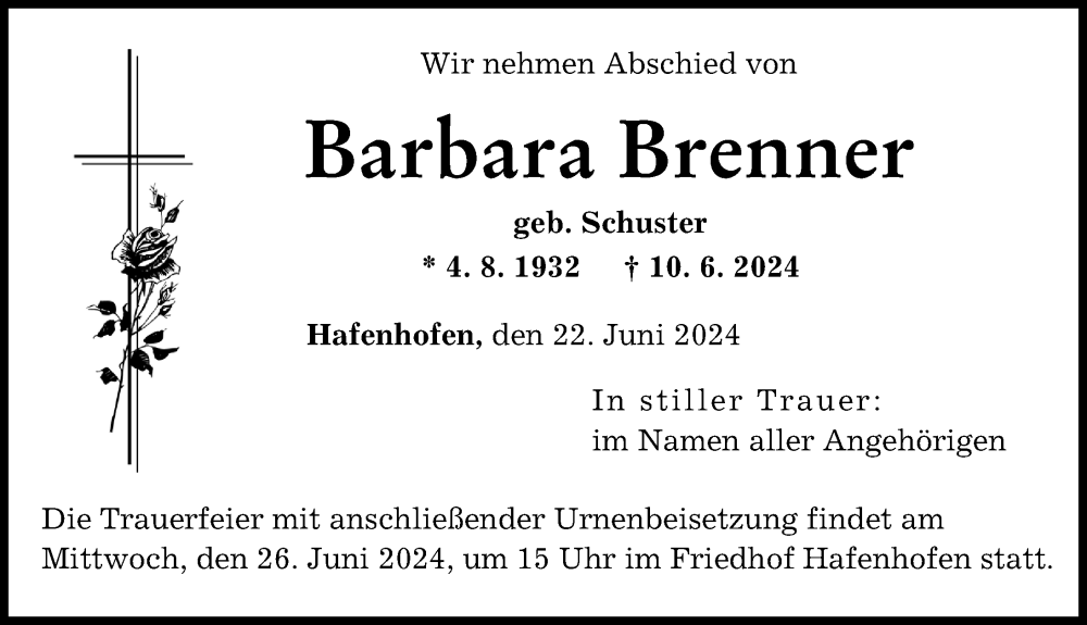 Traueranzeige von Barbara Brenner von Günzburger Zeitung