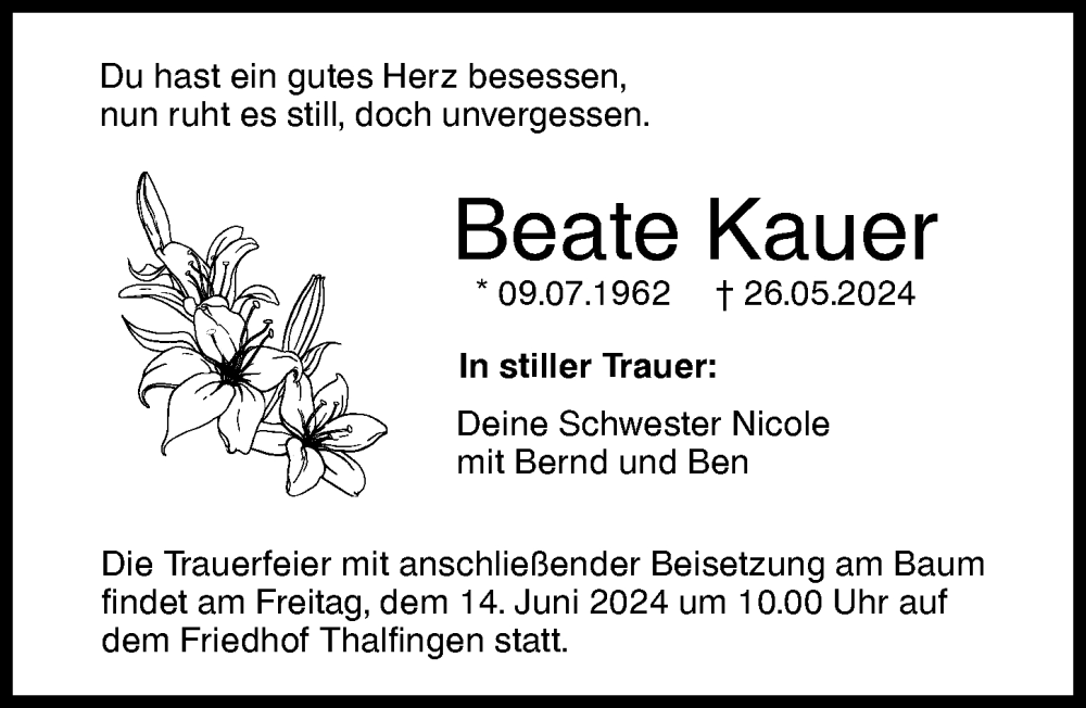 Traueranzeige von Beate Kauer von Augsburger Allgemeine, Neu-Ulmer Zeitung