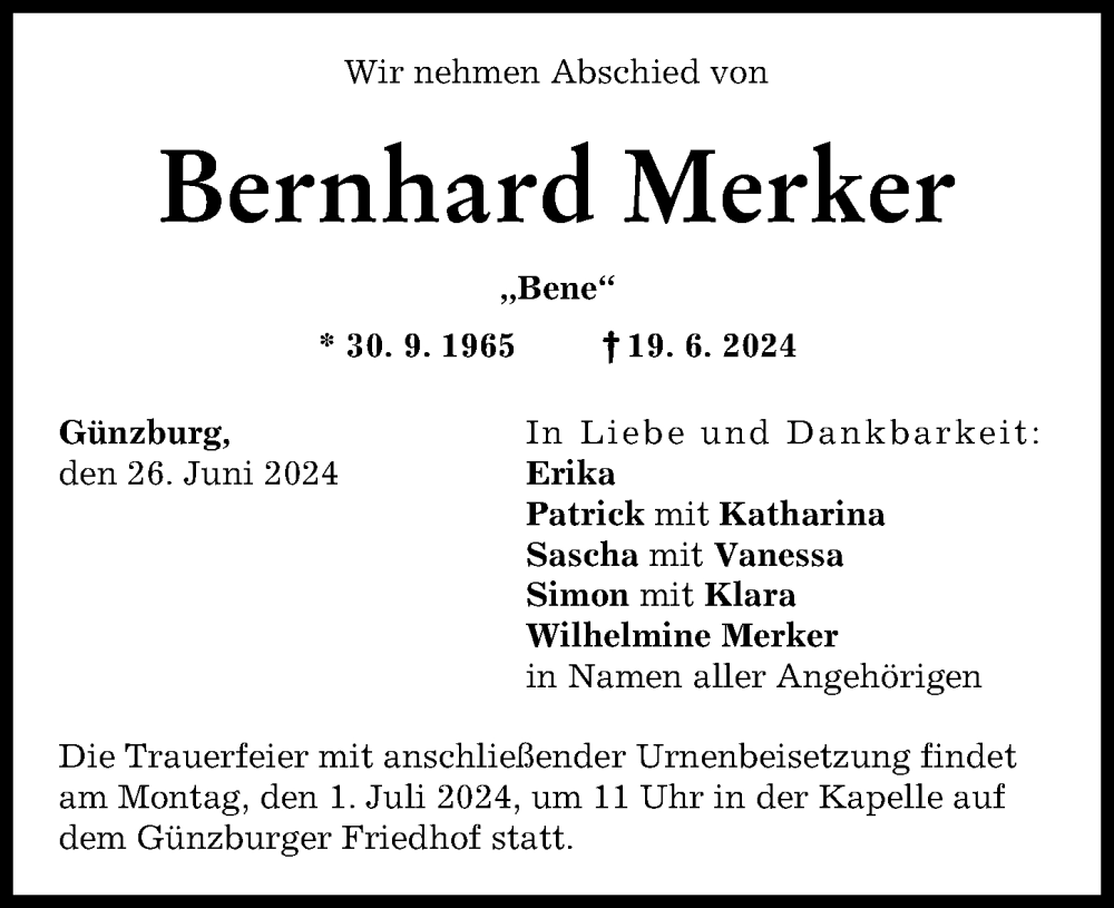 Traueranzeige von Bernhard Merker von Günzburger Zeitung