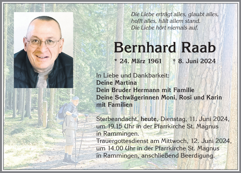  Traueranzeige für Bernhard Raab vom 11.06.2024 aus Mindelheimer Zeitung