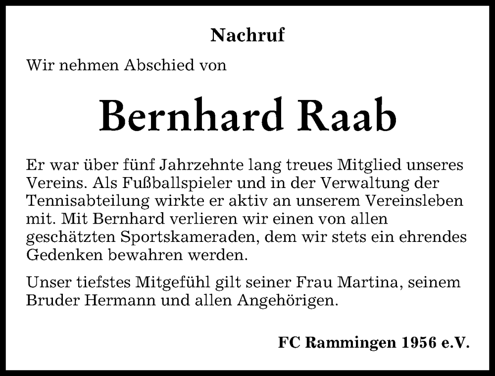 Traueranzeige von Bernhard Raab von Mindelheimer Zeitung
