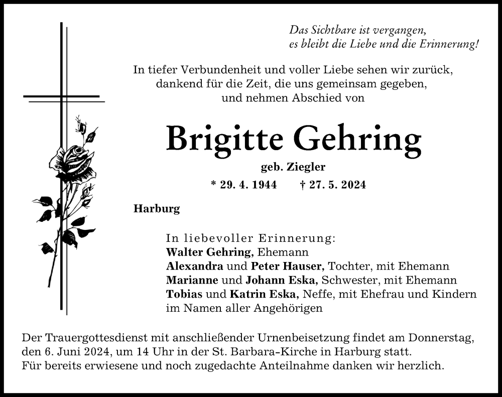 Traueranzeige von Brigitte Gehring von Donauwörther Zeitung