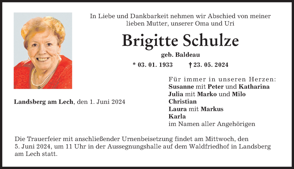 Traueranzeige von Brigitte Schulze von Landsberger Tagblatt