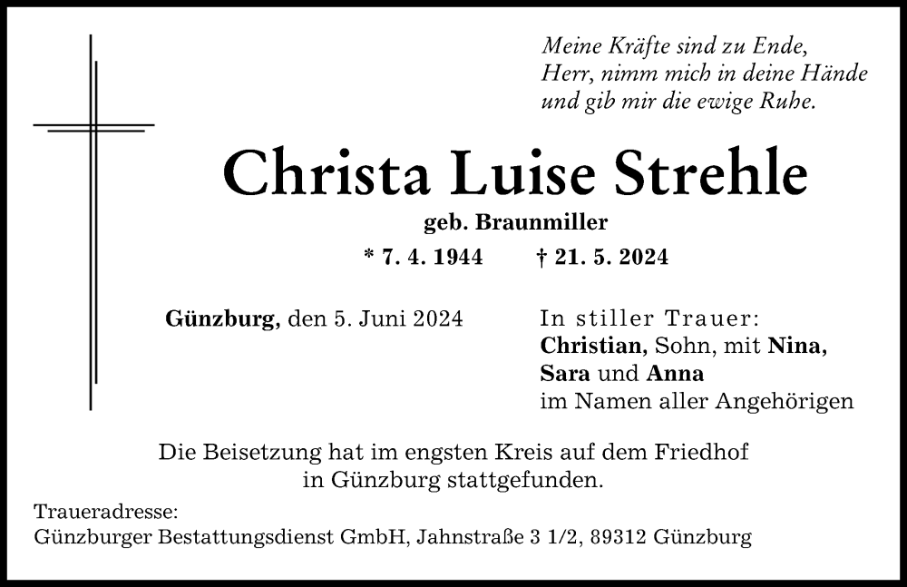 Traueranzeige von Christa Luise Strehle von Günzburger Zeitung