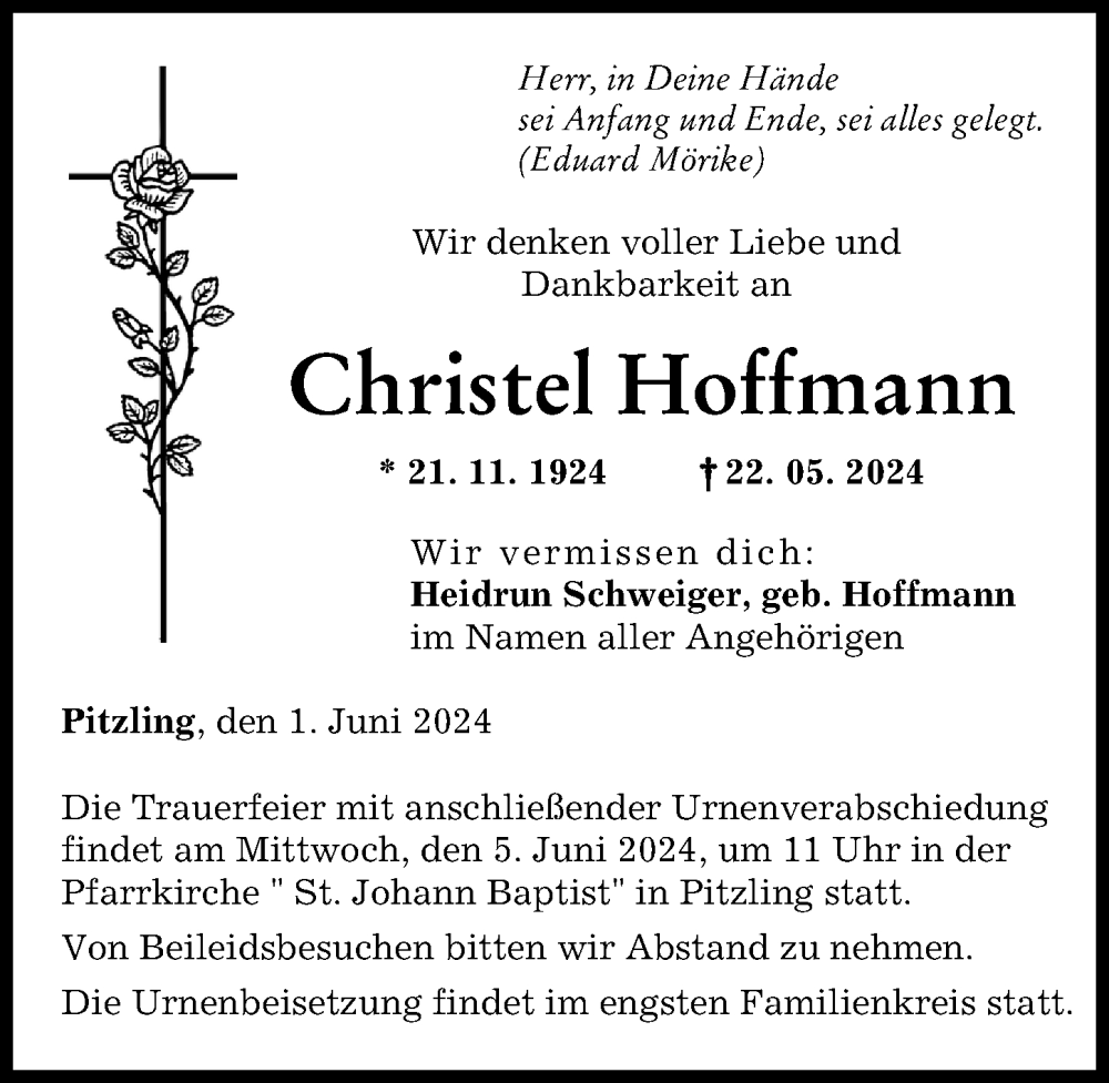 Traueranzeige von Christel Hoffmann von Landsberger Tagblatt