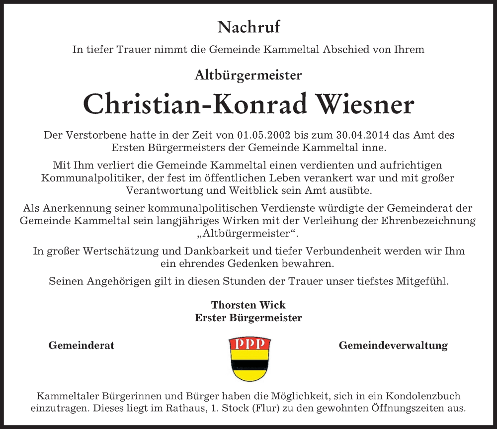 Traueranzeige von Christian-Konrad Wiesner von Günzburger Zeitung, Mittelschwäbische Nachrichten