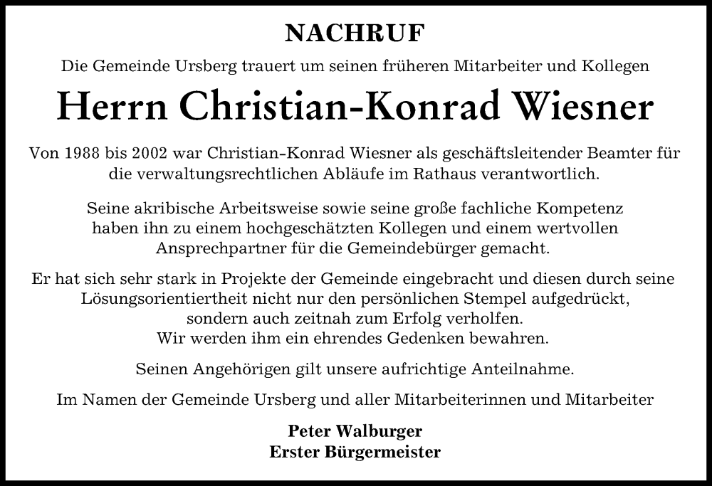 Traueranzeige von Christian-Konrad Wiesner von Mittelschwäbische Nachrichten