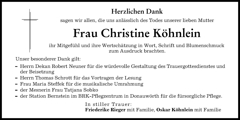 Traueranzeige von Christine Köhnlein von Donauwörther Zeitung