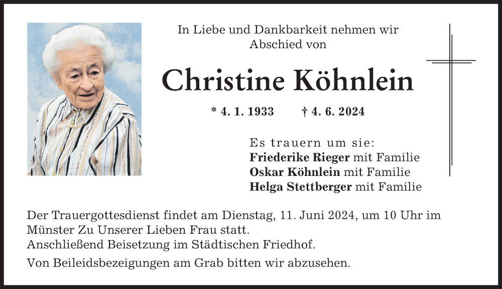 Traueranzeige von Christine Köhnlein von Donauwörther Zeitung