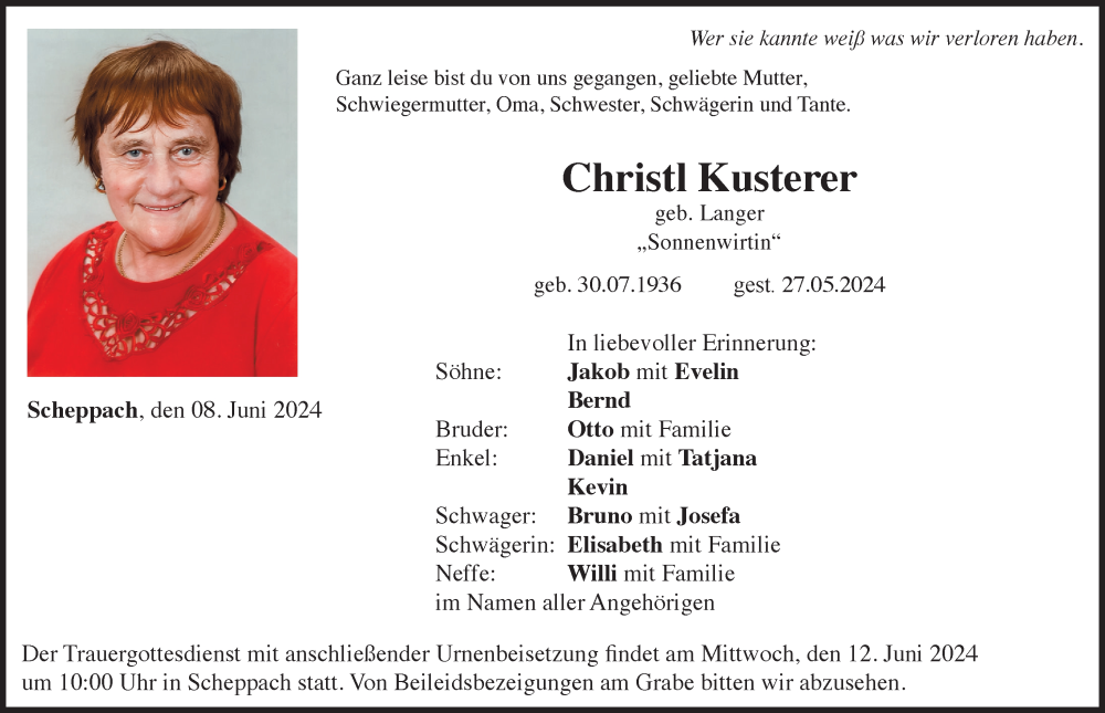 Traueranzeige von Christl Kusterer von Günzburger Zeitung